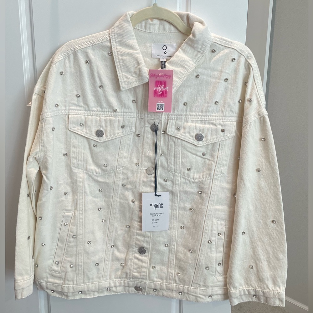 NWT white rhinestone embellished denim jacket